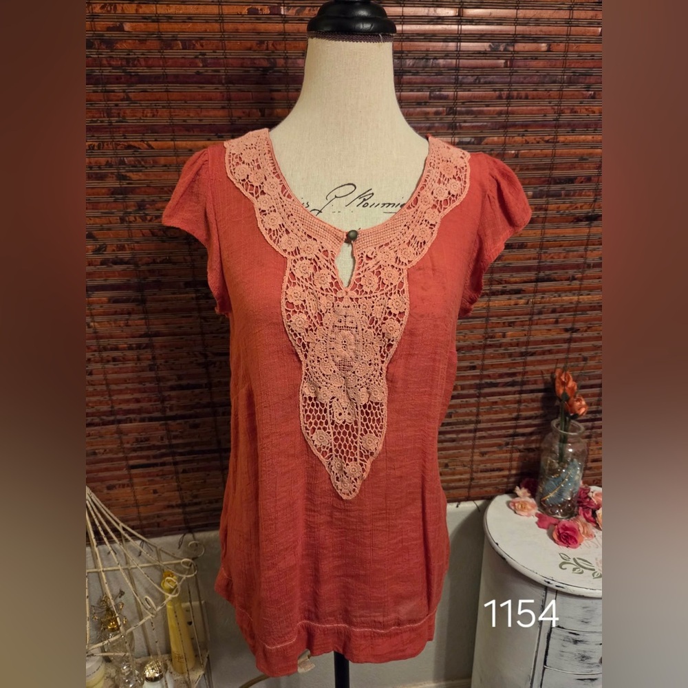 Cynthia Rowley Rust Orange Crochet-Trim Short Sleeve Tunic